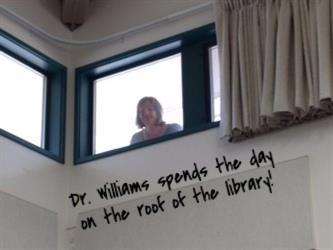 Person looking through a window.  Caption: "Dr. Williams spends the day on the roof of the library."